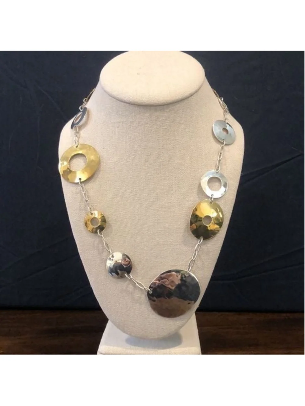 ROBERT LEE MORRIS Two Tone Hammered Sterling Silver Brass Modern Necklace